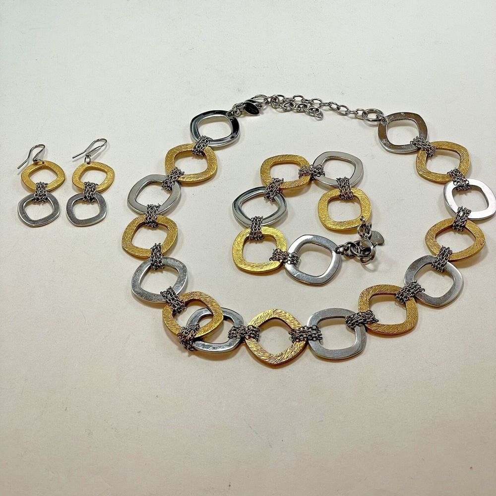 QVC Steel By Design Two Tone 28” Necklace & 8” Bracelet Earrings Rounded Square - Picture 3 of 16